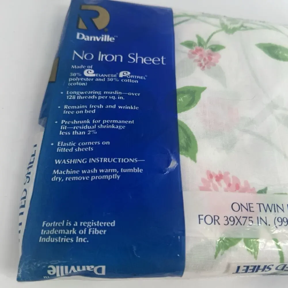 Vtg Danville Twin Fitted Sheet NOS Pink Rose FLORAL White Blue Polyester Cotton